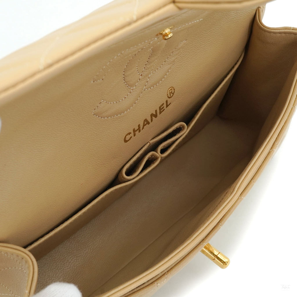 Second hand Chanel Vintage Classic Double Flap Small Lambskin Leather Matelassè Shoulder Bag Beige - Tabita Bags