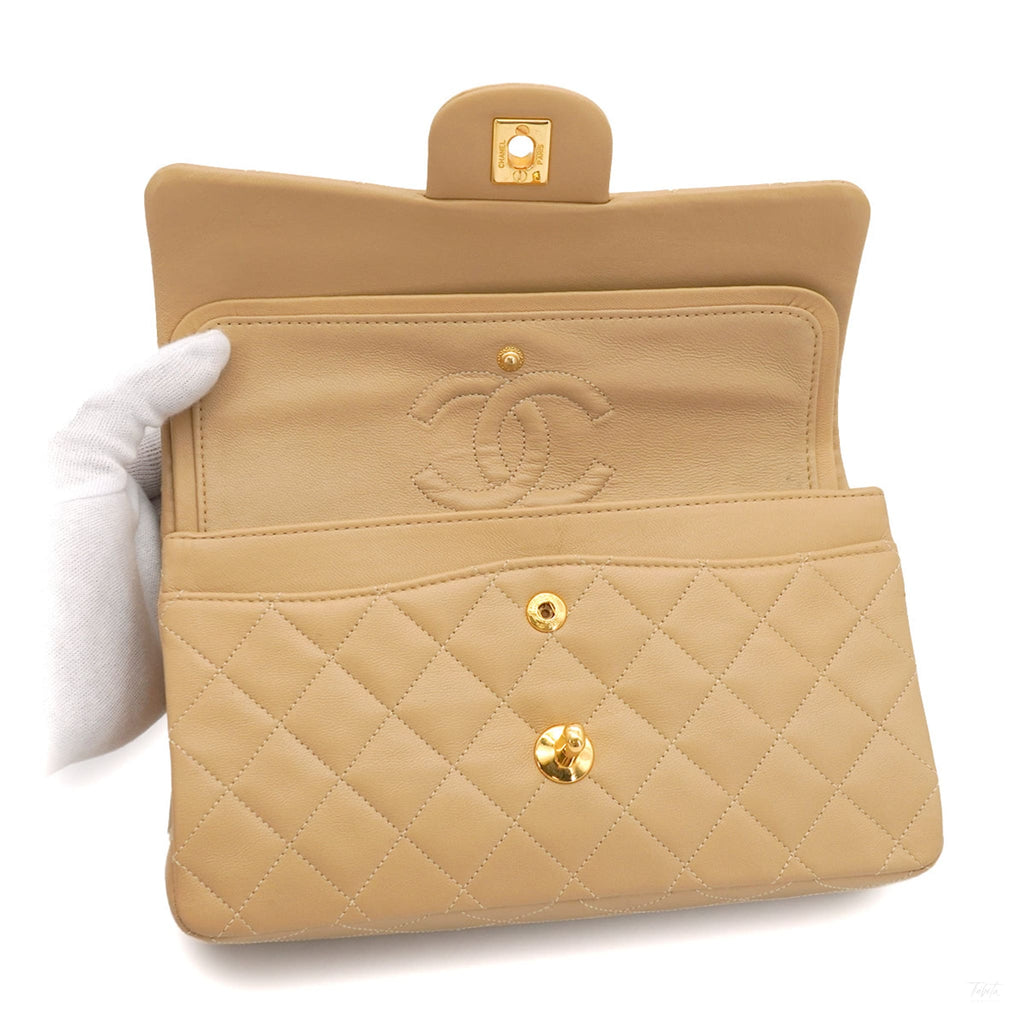 Second hand Chanel Vintage Classic Double Flap Small Lambskin Leather Matelassè Shoulder Bag Beige - Tabita Bags