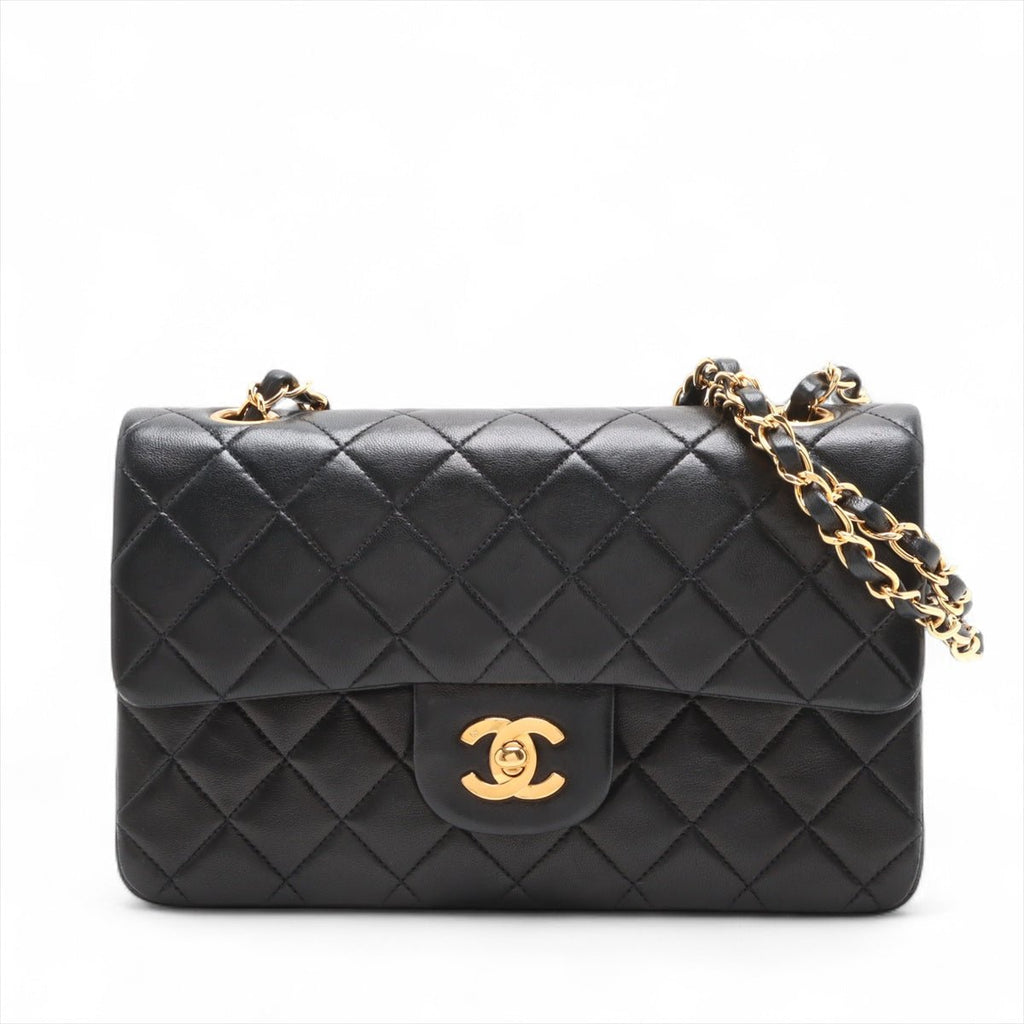 Second hand Chanel Vintage Classic Double Flap Small Lambskin Leather Matelassè Shoulder Bag Black - Tabita Bags