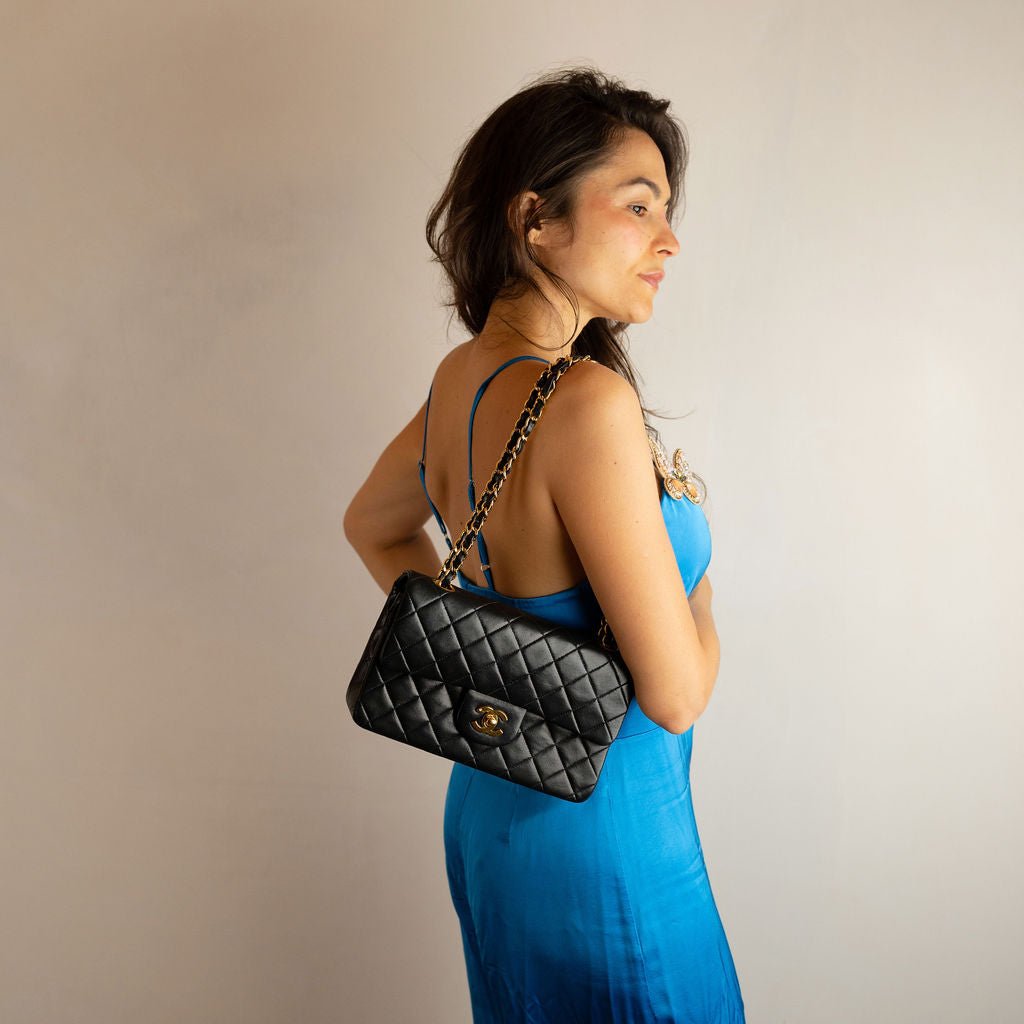 Second hand Chanel Vintage Classic Double Flap Small Lambskin Leather Matelassè Shoulder Bag Black - Tabita Bags
