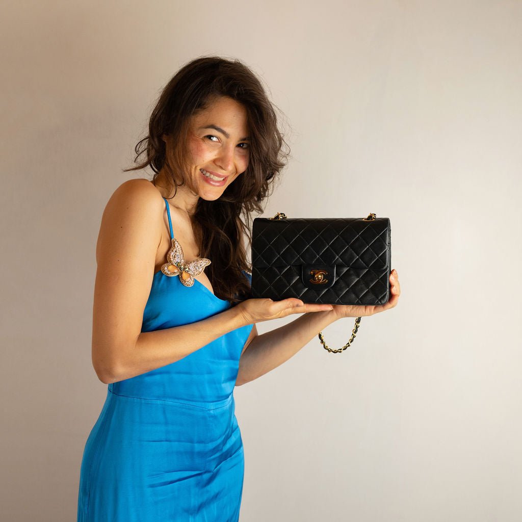 Second hand Chanel Vintage Classic Double Flap Small Lambskin Leather Matelassè Shoulder Bag Black - Tabita Bags