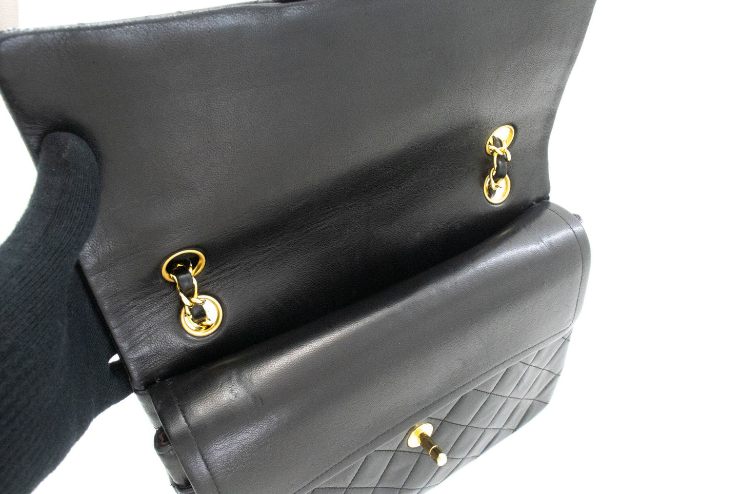 Second hand Chanel Vintage Classic Double Flap Square Lambskin Leather Matelassè Shoulder Bag Black - Tabita Bags