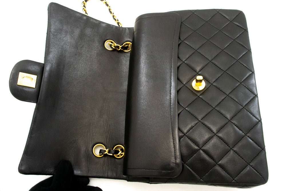 Second hand Chanel Vintage Classic Double Flap Square Lambskin Leather Matelassè Shoulder Bag Black - Tabita Bags