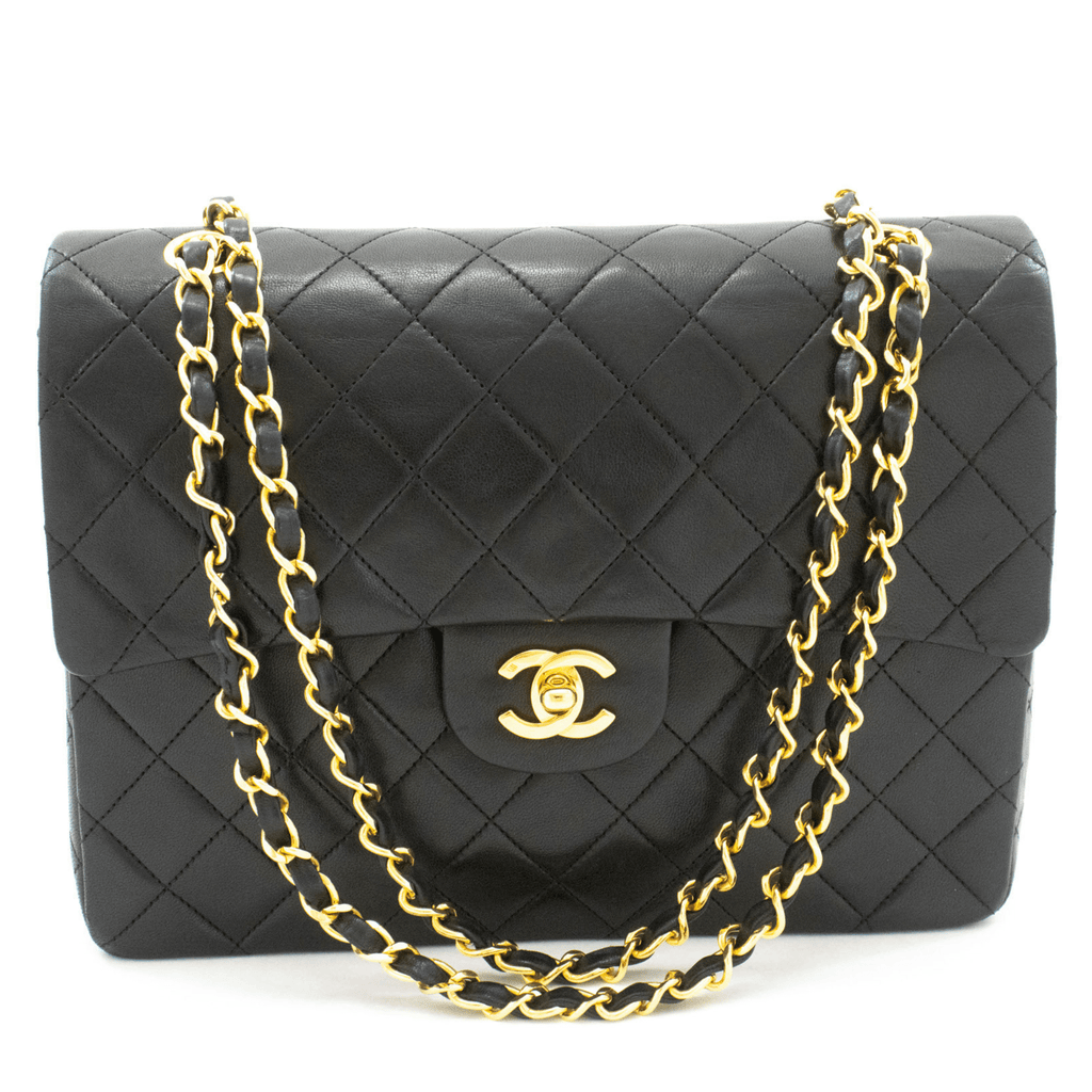Second hand Chanel Vintage Classic Double Flap Square Lambskin Leather Matelassè Shoulder Bag Black - Tabita Bags
