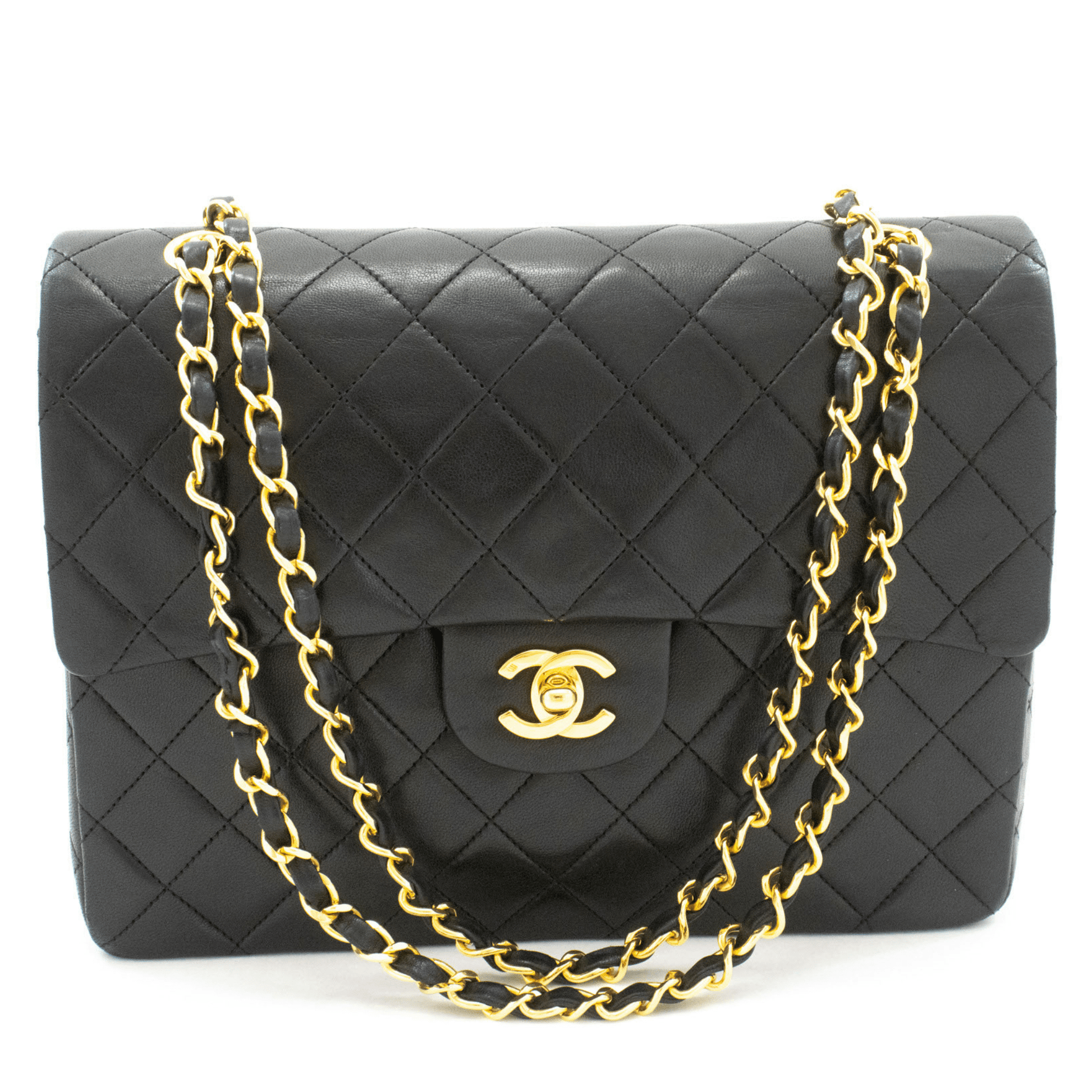Second hand Chanel Vintage Classic Double Flap Square Lambskin Leather Matelassè Shoulder Bag Black - Tabita Bags