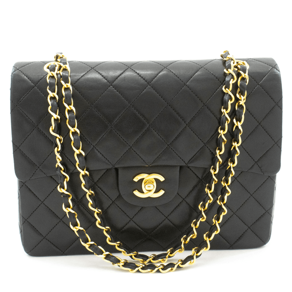 Second hand Chanel Vintage Classic Double Flap Square Lambskin Leather Matelassè Shoulder Bag Black - Tabita Bags