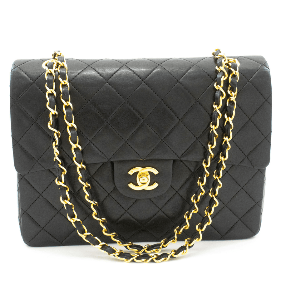 Second hand Chanel Vintage Classic Double Flap Square Lambskin Leather Matelassè Shoulder Bag Black - Tabita Bags