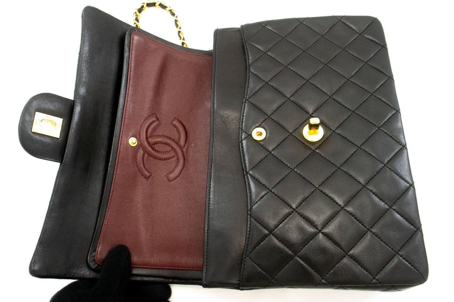 Second hand Chanel Vintage Classic Double Flap Square Lambskin Leather Matelassè Shoulder Bag Black - Tabita Bags