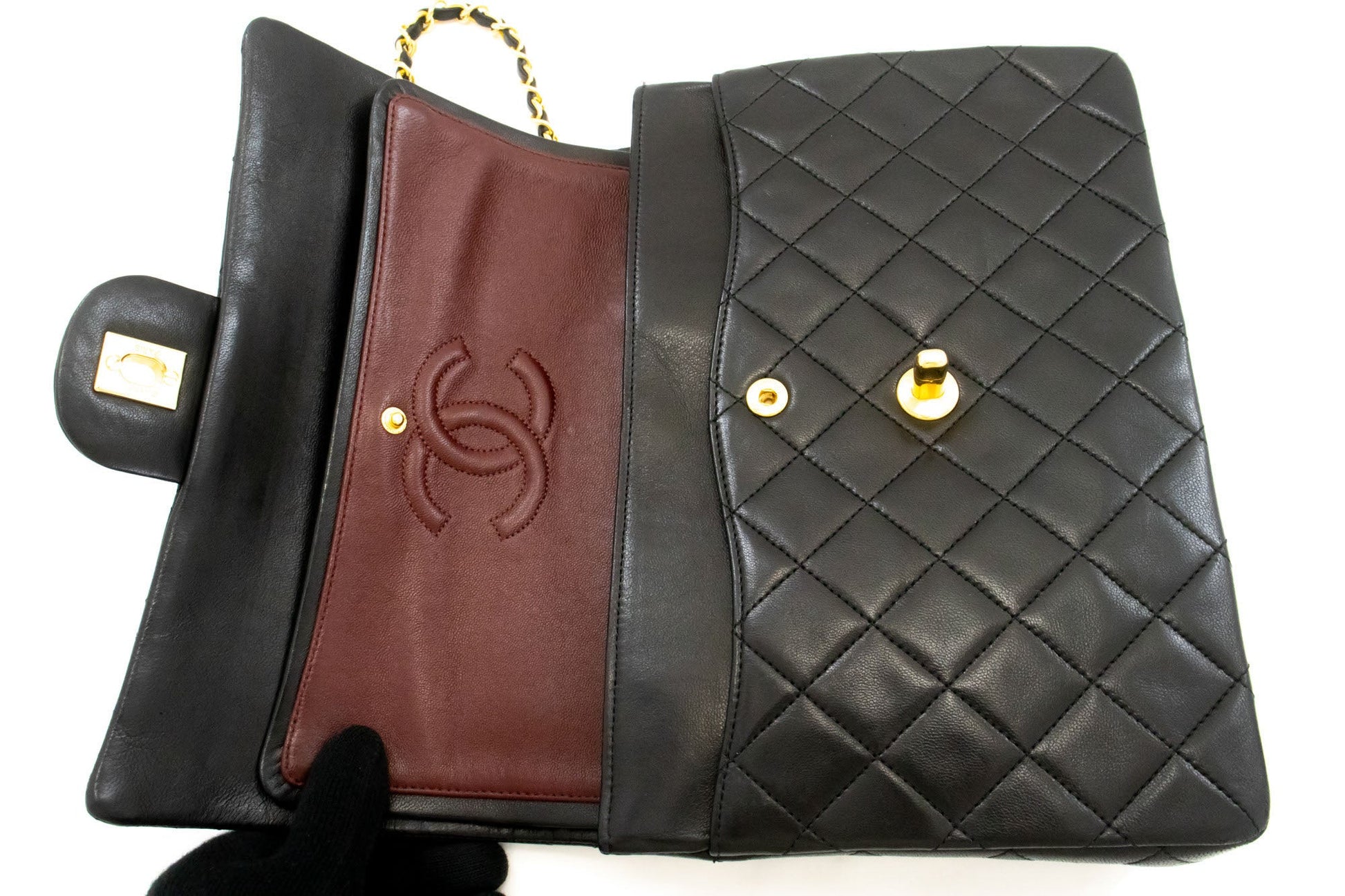 Second hand Chanel Vintage Classic Double Flap Square Lambskin Leather Matelassè Shoulder Bag Black - Tabita Bags