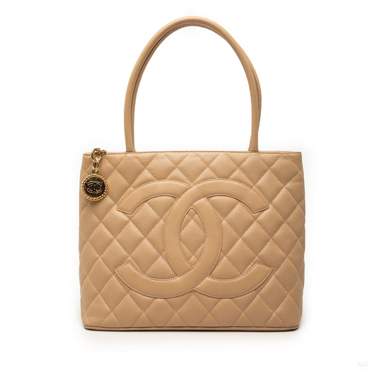 Second hand Chanel Vintage Medallion Caviar Leather Quilted Tote Handbag Beige - Tabita Bags