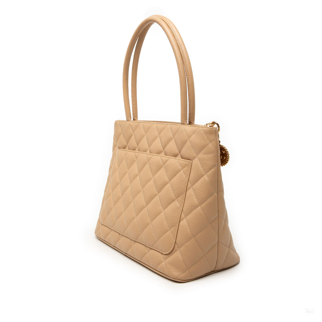 Second hand Chanel Vintage Medallion Caviar Leather Quilted Tote Handbag Beige - Tabita Bags