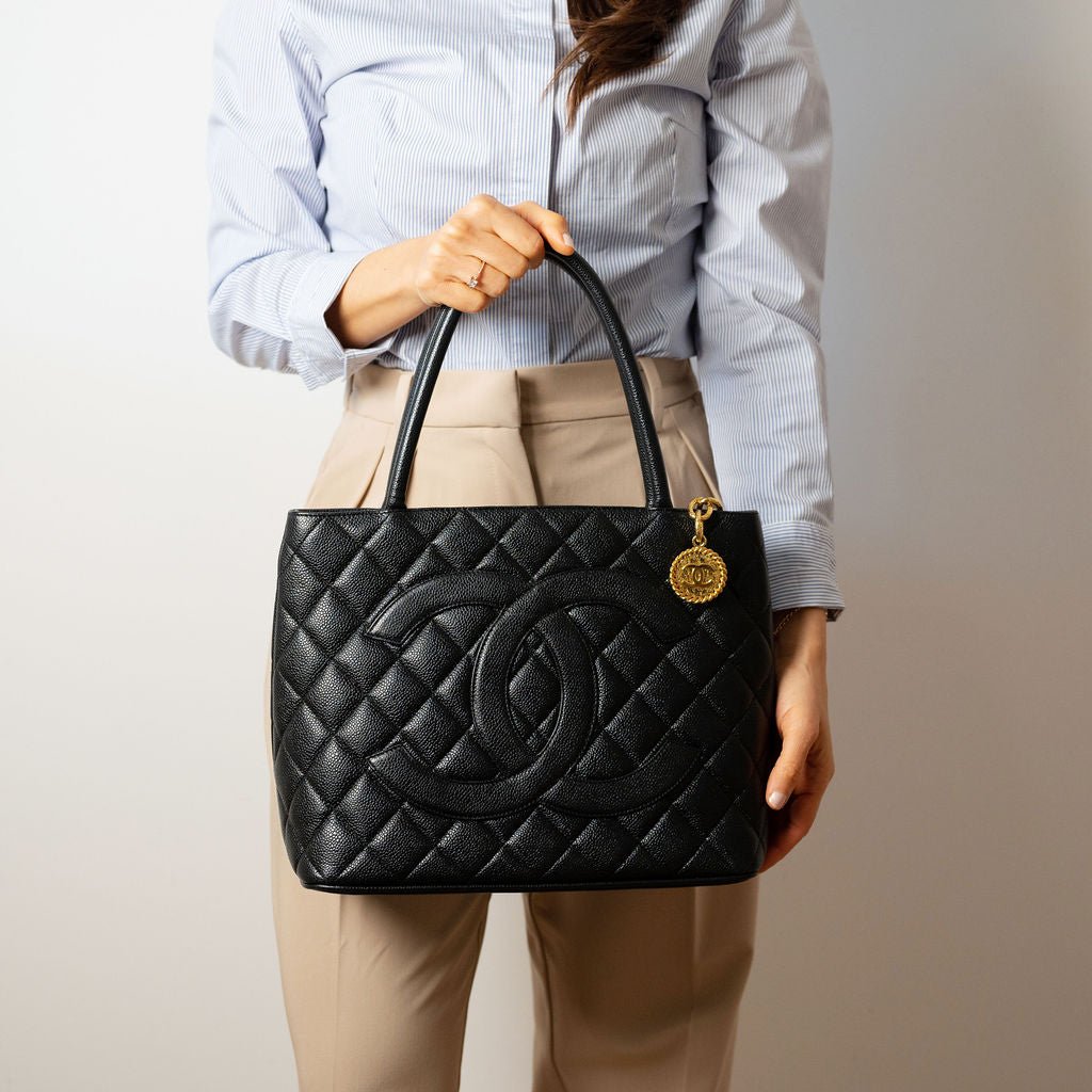 Second hand Chanel Vintage Medallion Caviar Leather Quilted Tote Handbag Black - Tabita Bags