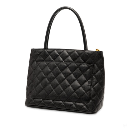 Second hand Chanel Vintage Medallion Caviar Leather Quilted Tote Handbag Black - Tabita Bags