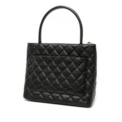 Second hand Chanel Vintage Medallion Caviar Leather Quilted Tote Handbag Black - Tabita Bags