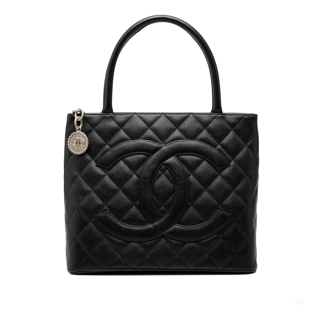 Second hand Chanel Vintage Medallion Caviar Leather Quilted Tote Handbag Black - Tabita Bags