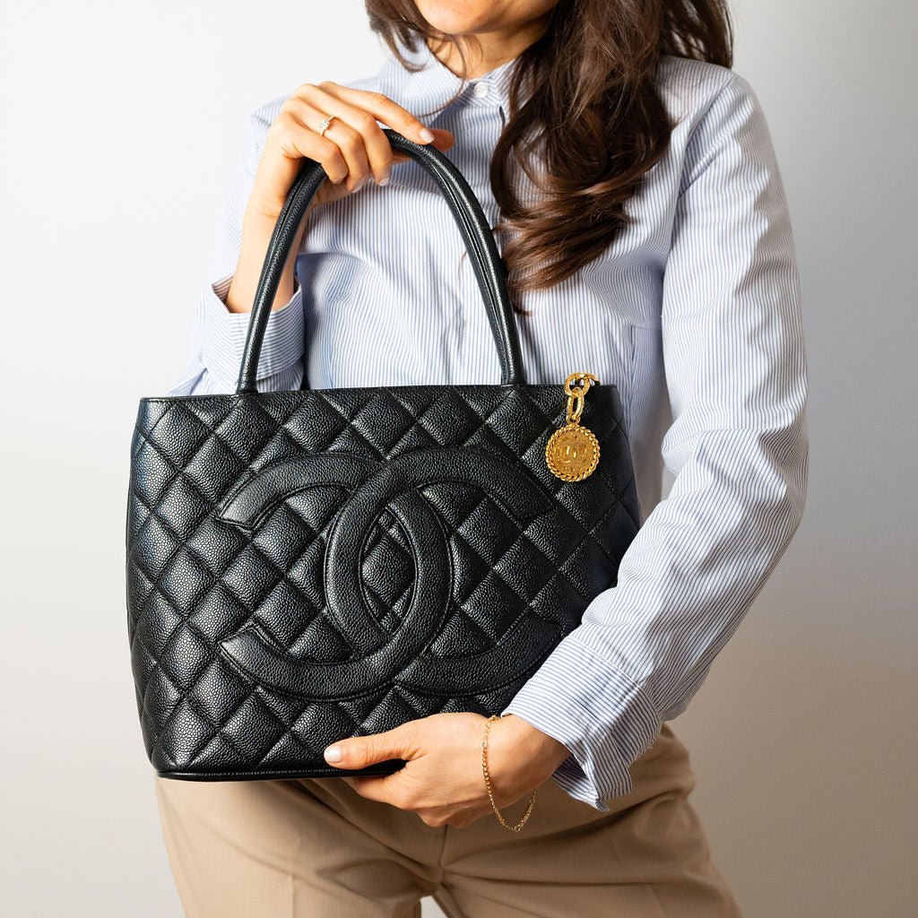 Second hand Chanel Vintage Medallion Caviar Leather Quilted Tote Handbag Black - Tabita Bags