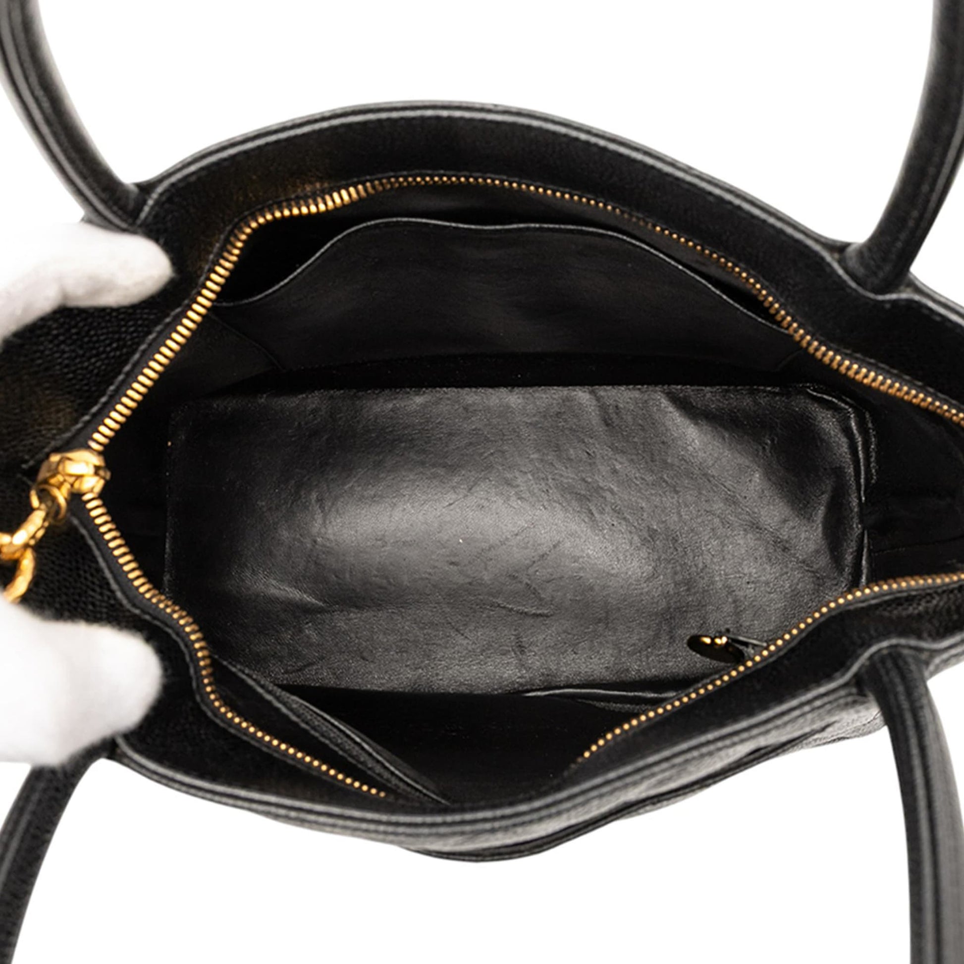 Second hand Chanel Vintage Medallion Caviar Leather Quilted Tote Handbag Black - Tabita Bags