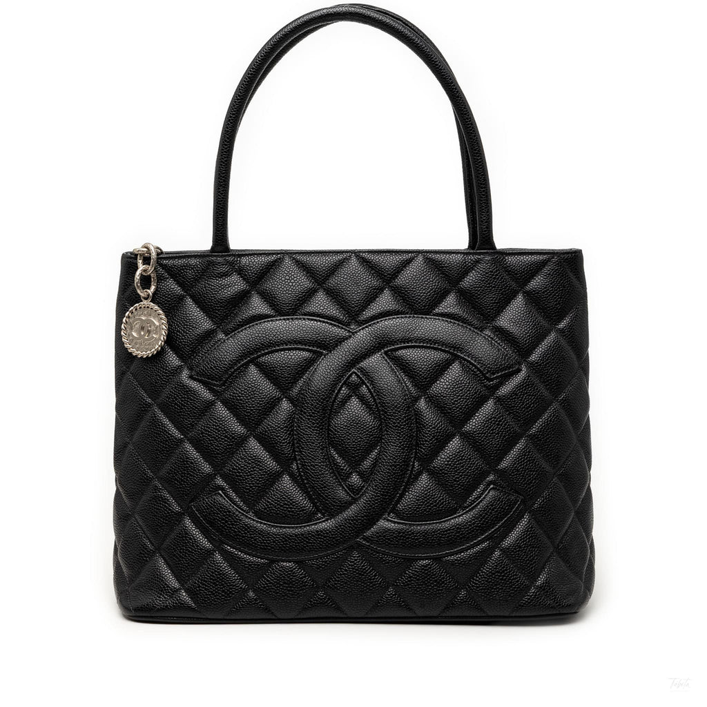 Second hand Chanel Vintage Medallion Caviar Leather Quilted Tote Handbag Black - Tabita Bags