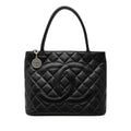 Second hand Chanel Vintage Medallion Caviar Leather Quilted Tote Handbag Black - Tabita Bags