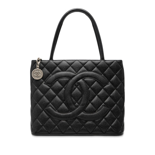 Second hand Chanel Vintage Medallion Caviar Leather Quilted Tote Handbag Black - Tabita Bags