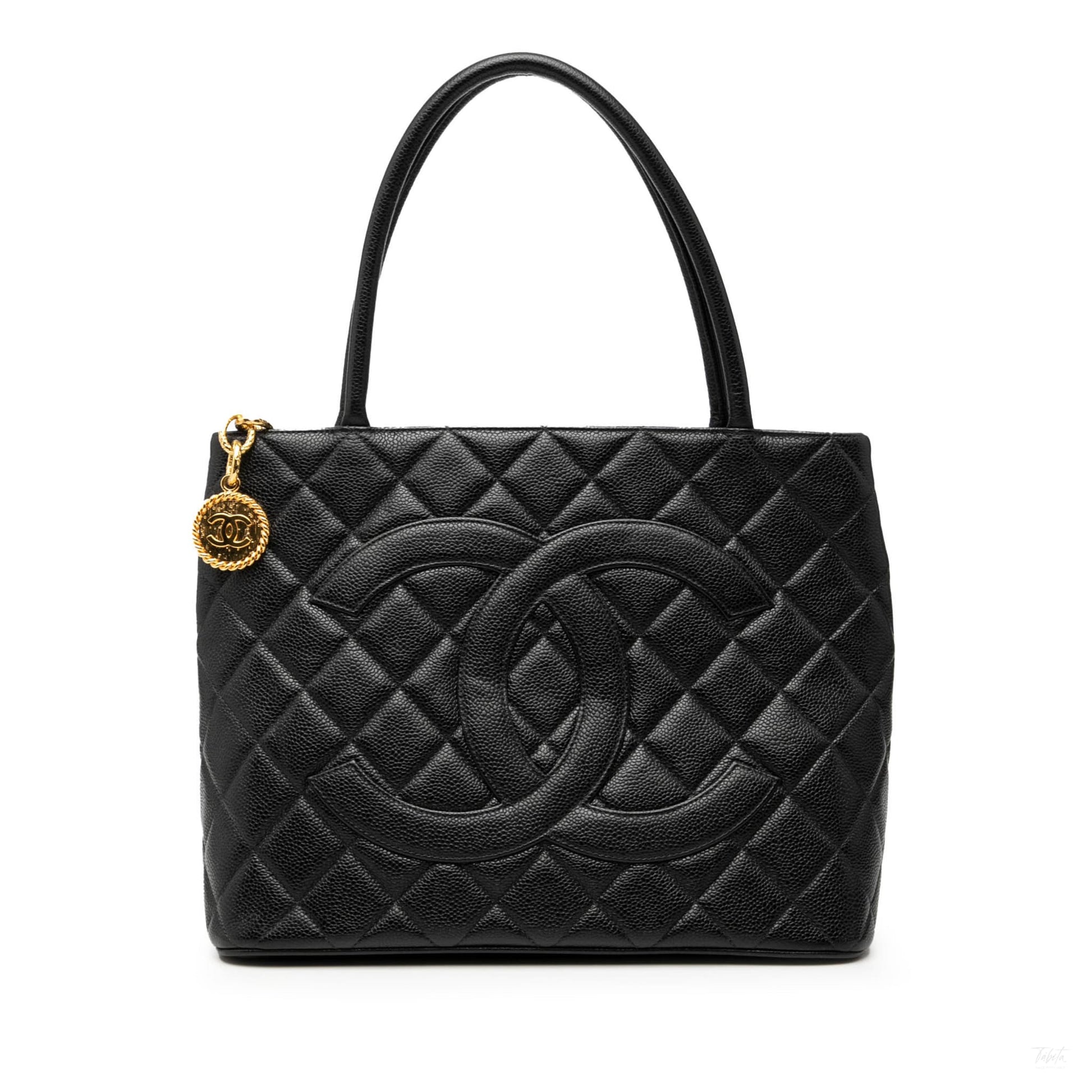 Second hand Chanel Vintage Medallion Caviar Leather Quilted Tote Handbag Black - Tabita Bags