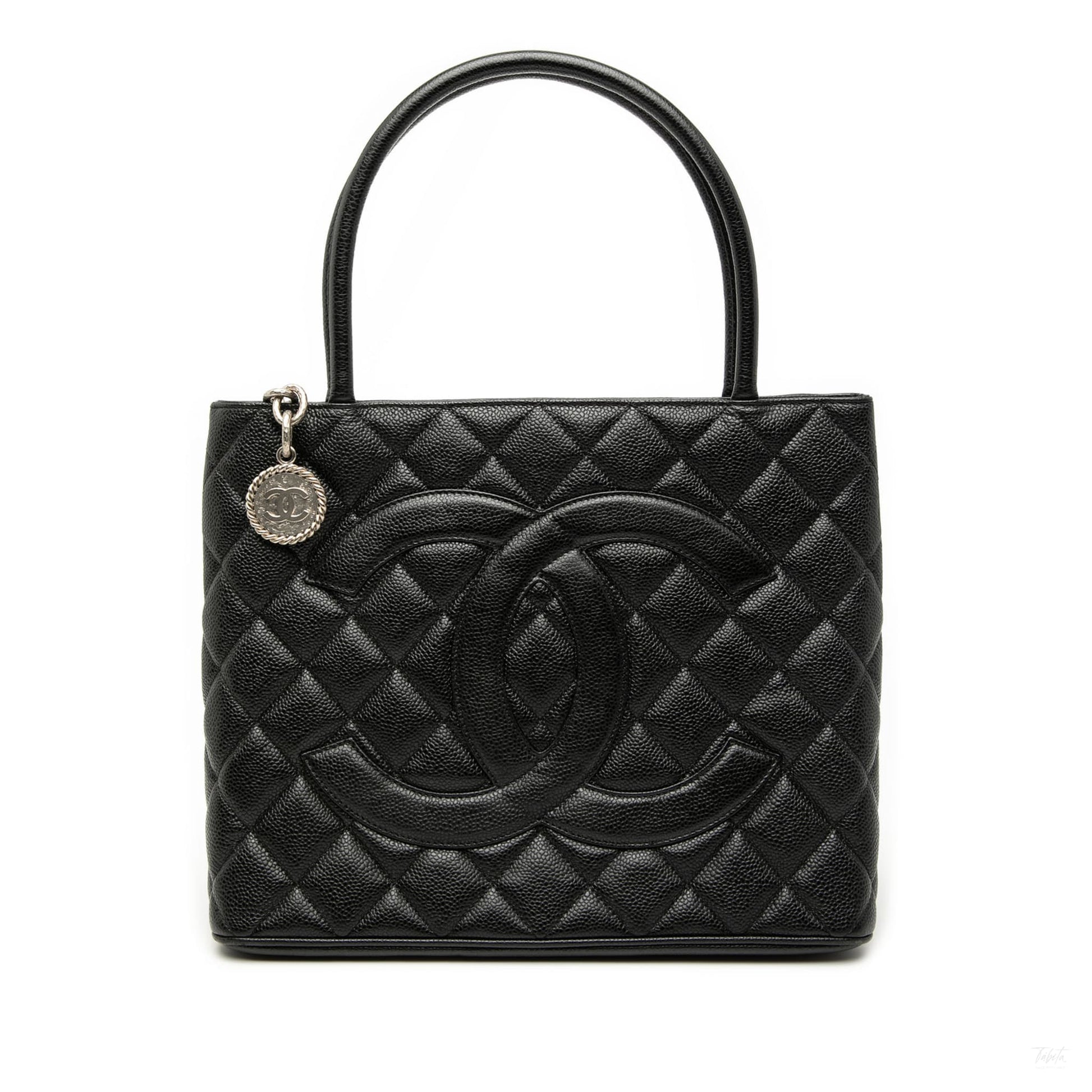 Second hand Chanel Vintage Medallion Caviar Leather Quilted Tote Handbag Black - Tabita Bags