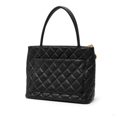 Second hand Chanel Vintage Medallion Caviar Leather Quilted Tote Handbag Black - Tabita Bags