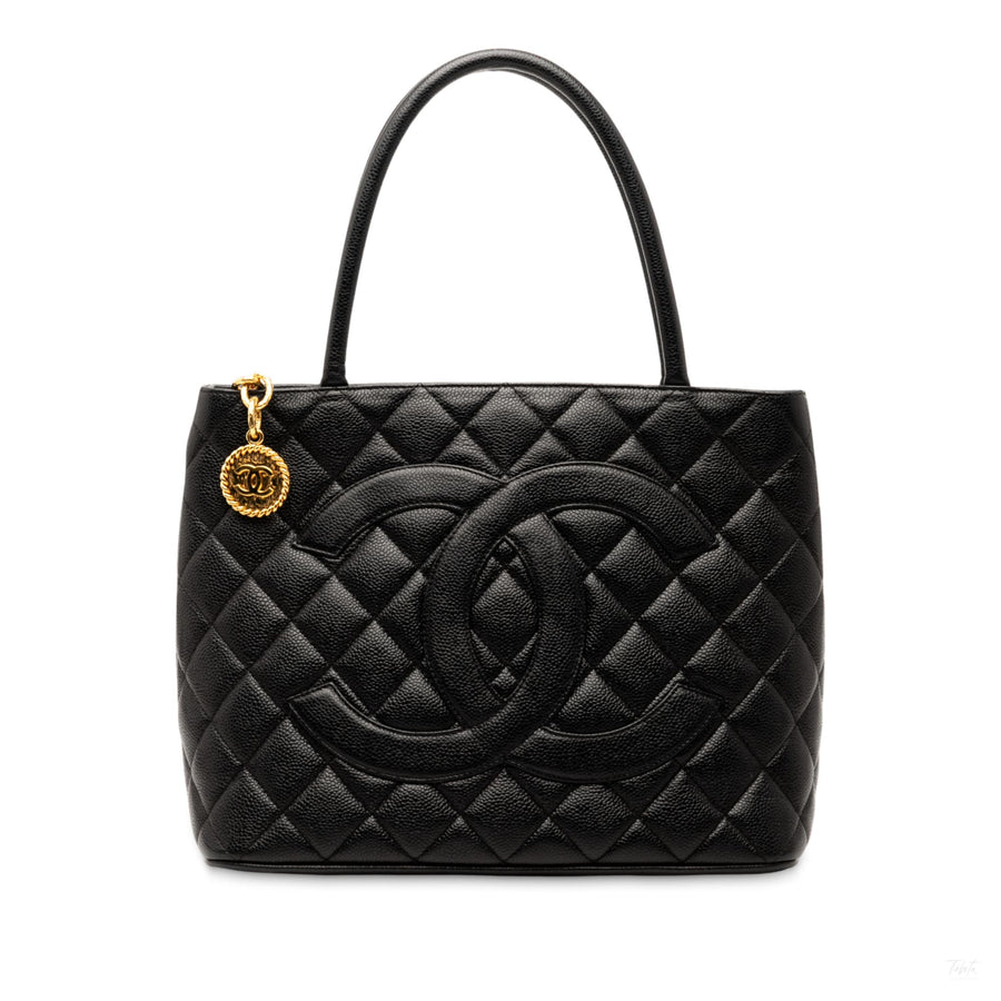 Second hand Chanel Vintage Medallion Caviar Leather Quilted Tote Handbag Black - Tabita Bags