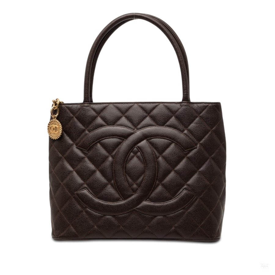 Second hand Chanel Vintage Medallion Caviar Leather Quilted Tote Handbag Brown - Tabita Bags
