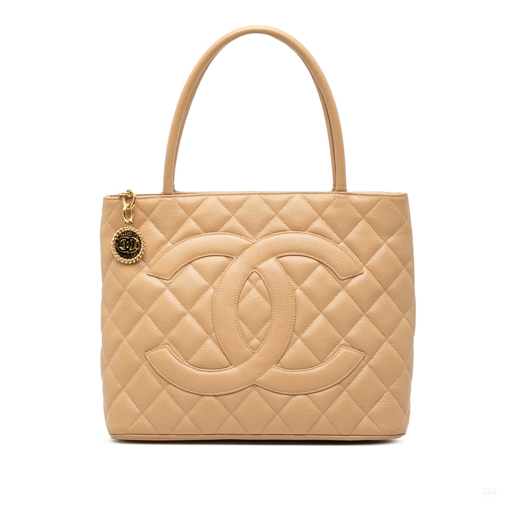 Second hand Chanel Vintage Medallion Caviar Leather Quilted Tote Handbag Brown - Tabita Bags