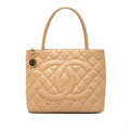Second hand Chanel Vintage Medallion Caviar Leather Quilted Tote Handbag Brown - Tabita Bags