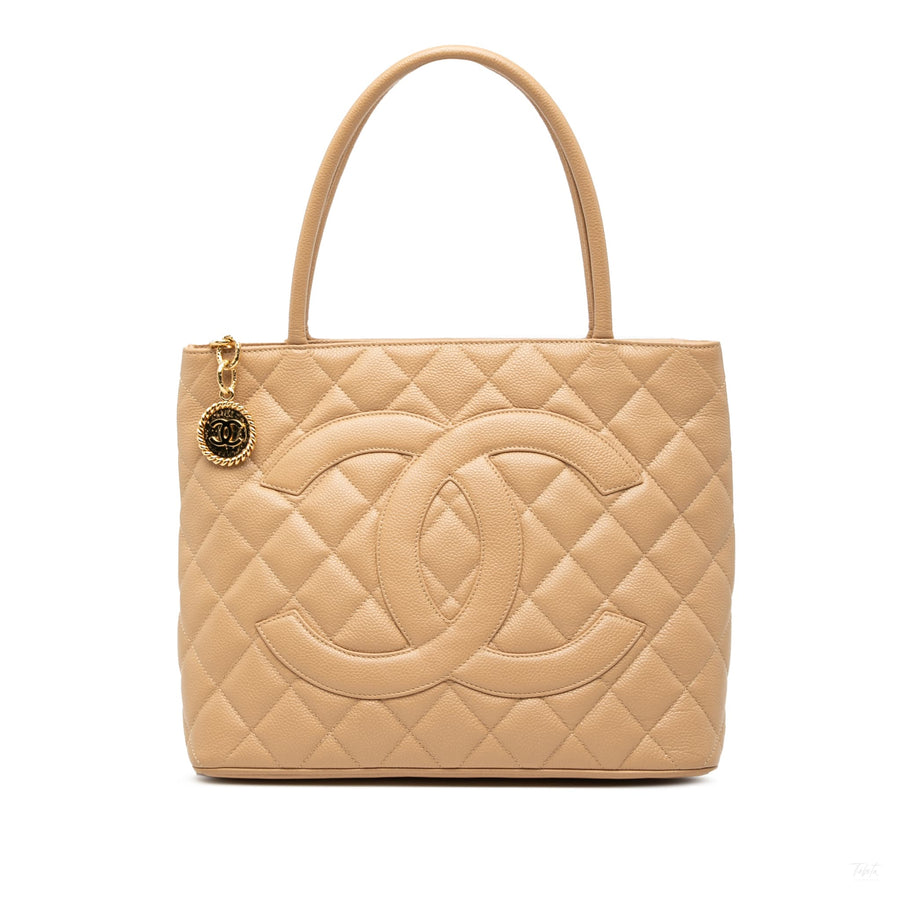 Second hand Chanel Vintage Medallion Caviar Leather Quilted Tote Handbag Brown - Tabita Bags