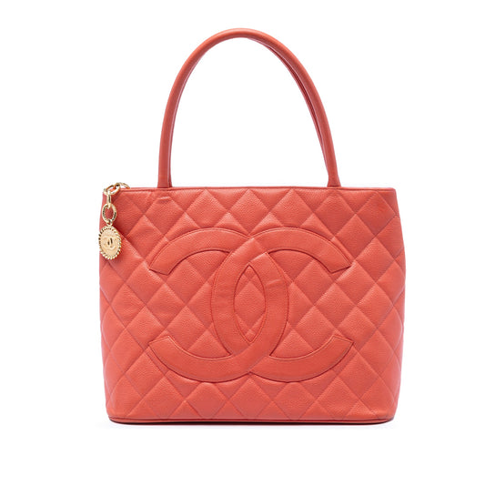 Second hand Chanel Vintage Medallion Caviar Leather Quilted Tote Handbag Orange - Tabita Bags