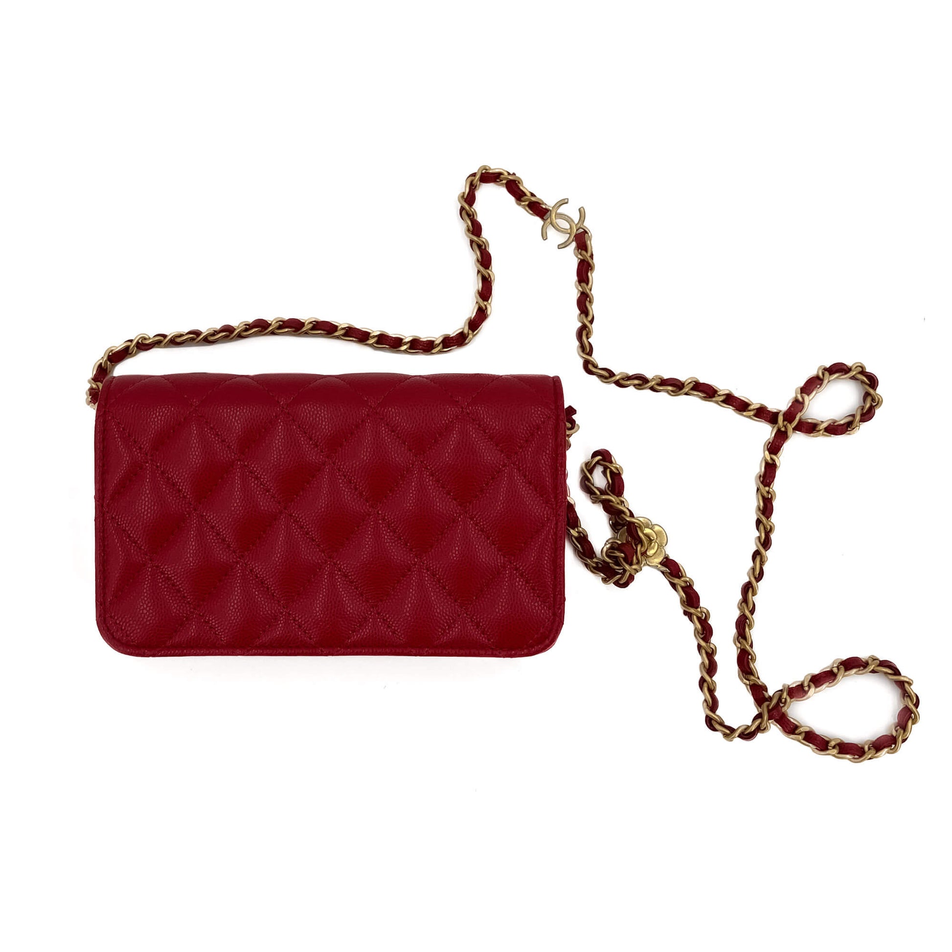 Second hand Chanel WOC Camellia Quilted Caviar Leather Flap Bag Red - Tabita Bags