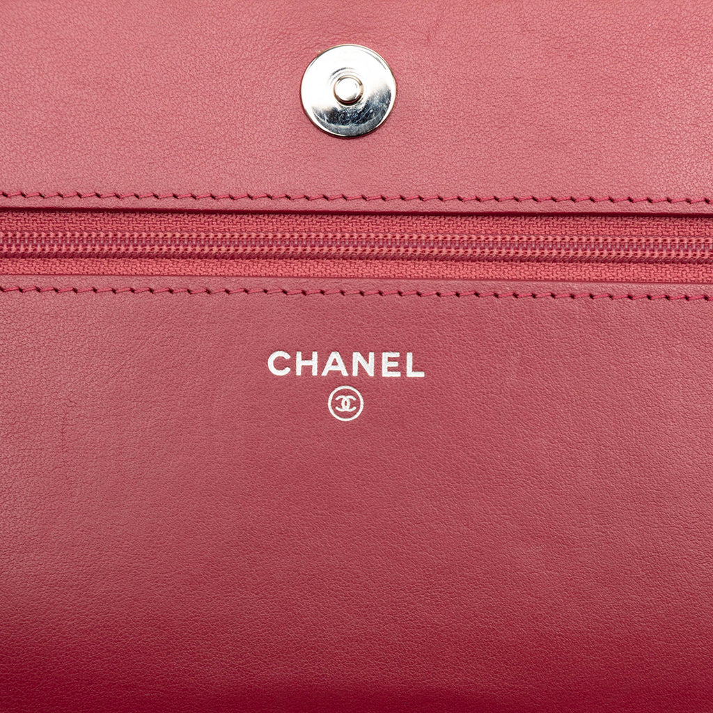 Second hand Chanel WOC Lambskin Leather Camellia Embossed Flap Crossbody Pink - Tabita Bags