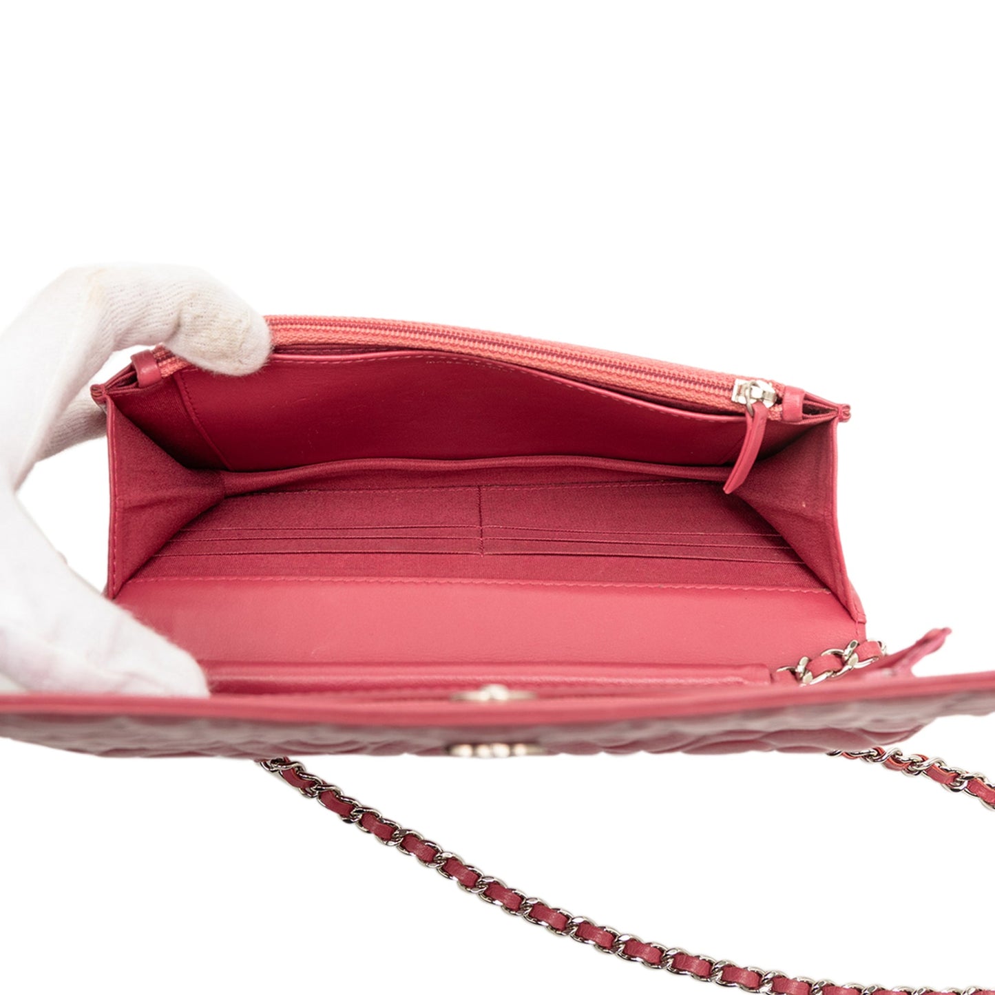 Second hand Chanel WOC Lambskin Leather Camellia Embossed Flap Crossbody Pink - Tabita Bags