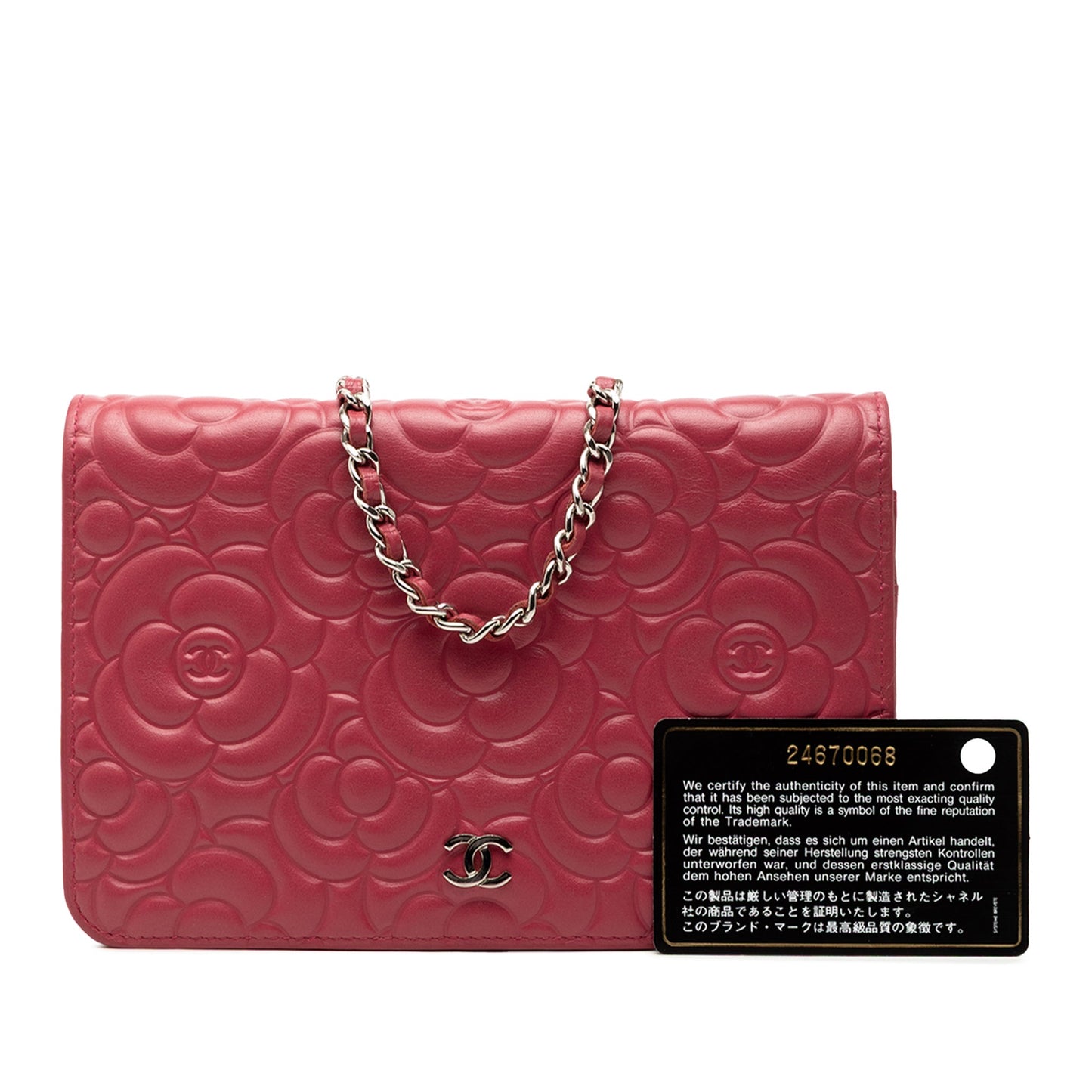 Second hand Chanel WOC Lambskin Leather Camellia Embossed Flap Crossbody Pink - Tabita Bags
