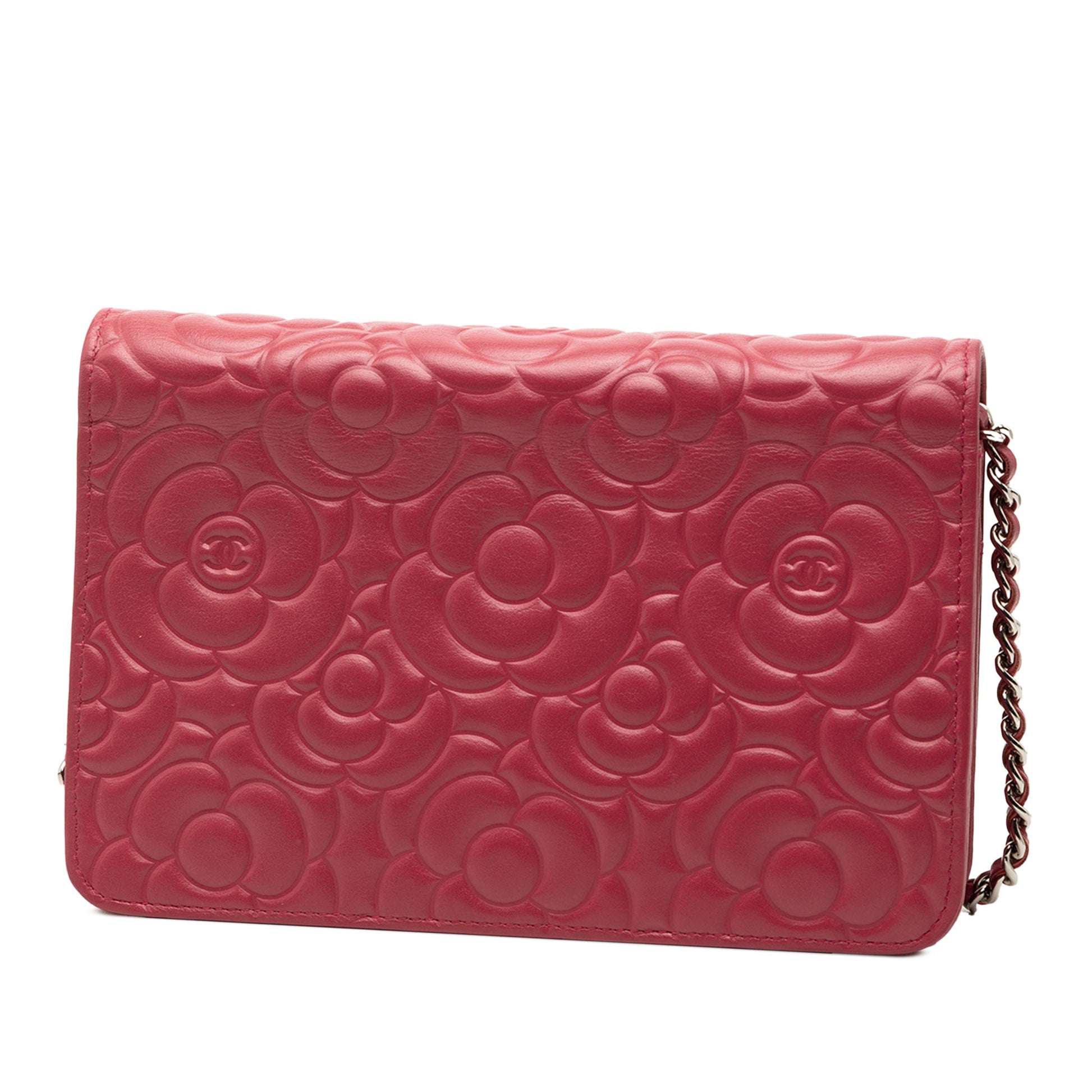 Second hand Chanel WOC Lambskin Leather Camellia Embossed Flap Crossbody Pink - Tabita Bags