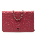 Second hand Chanel WOC Lambskin Leather Camellia Embossed Flap Crossbody Pink - Tabita Bags