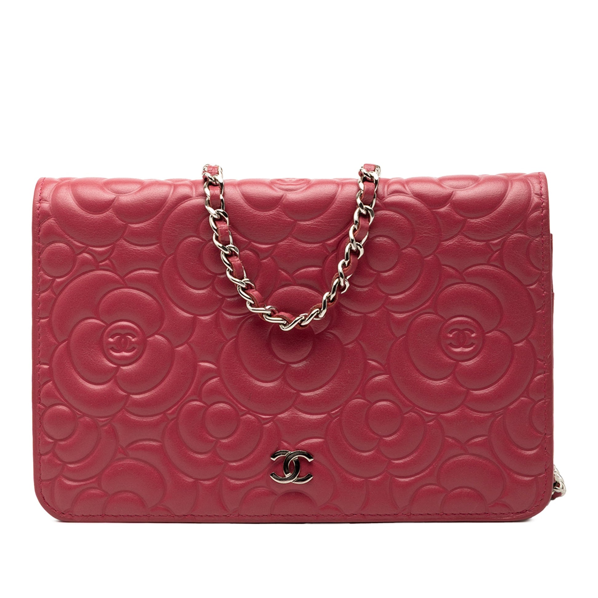 Second hand Chanel WOC Lambskin Leather Camellia Embossed Flap Crossbody Pink - Tabita Bags
