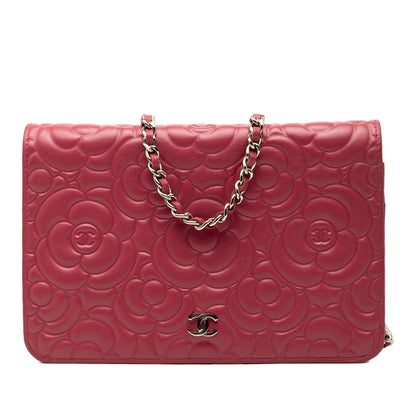 Second hand Chanel WOC Lambskin Leather Camellia Embossed Flap Crossbody Pink - Tabita Bags