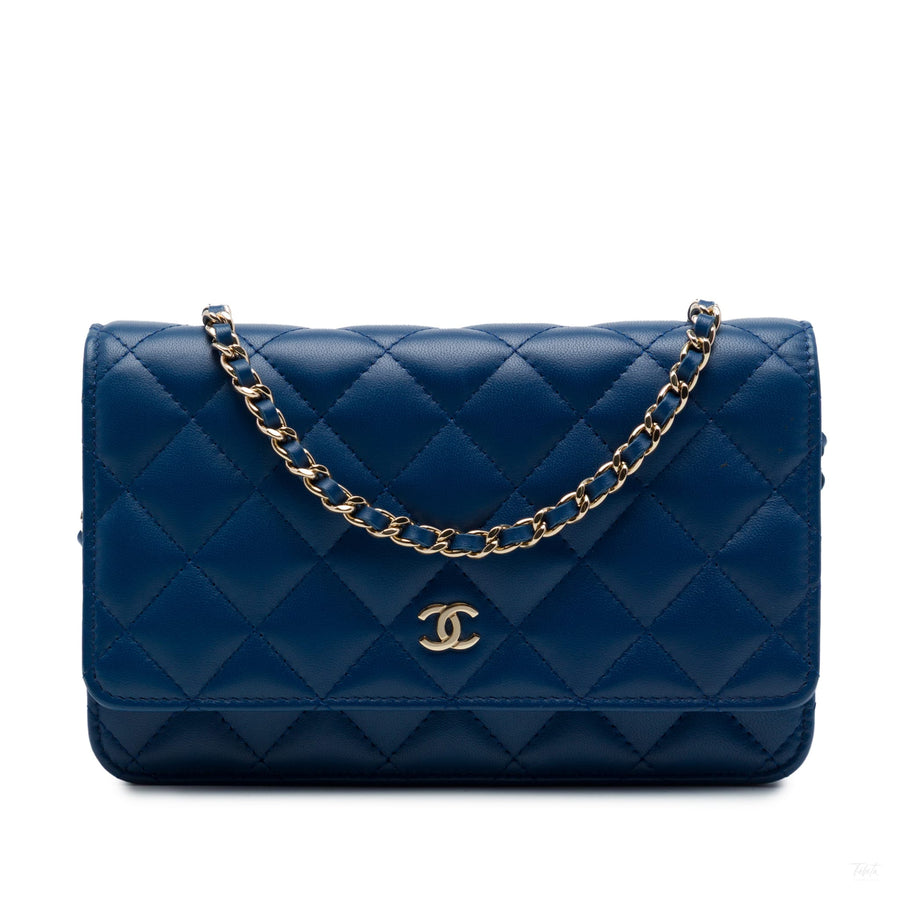 Second hand Chanel WOC Lambskin Leather Quilted Flap Crossbody Blue - Tabita Bags