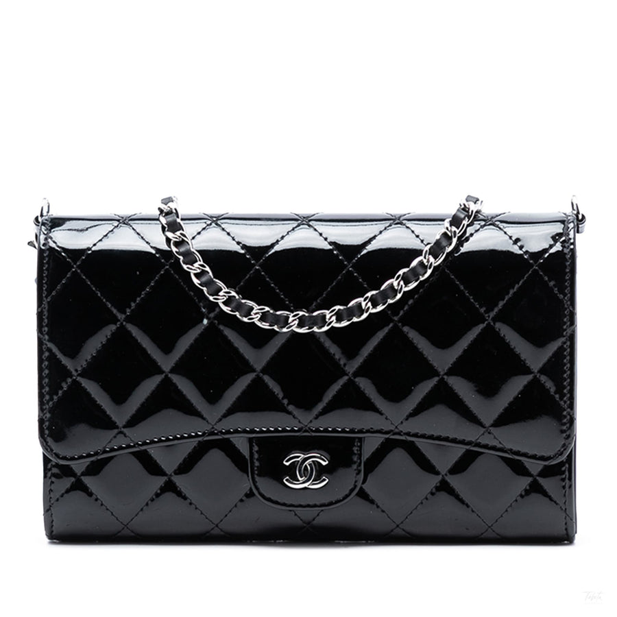 Second hand Chanel WOC Patent Leather Quilted Flap Crossbody Black - Tabita Bags