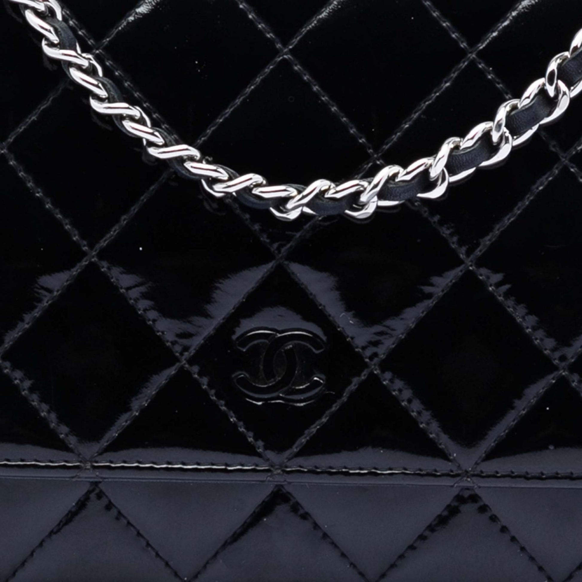 Second hand Chanel WOC Patent Leather Quilted Flap Crossbody Black - Tabita Bags