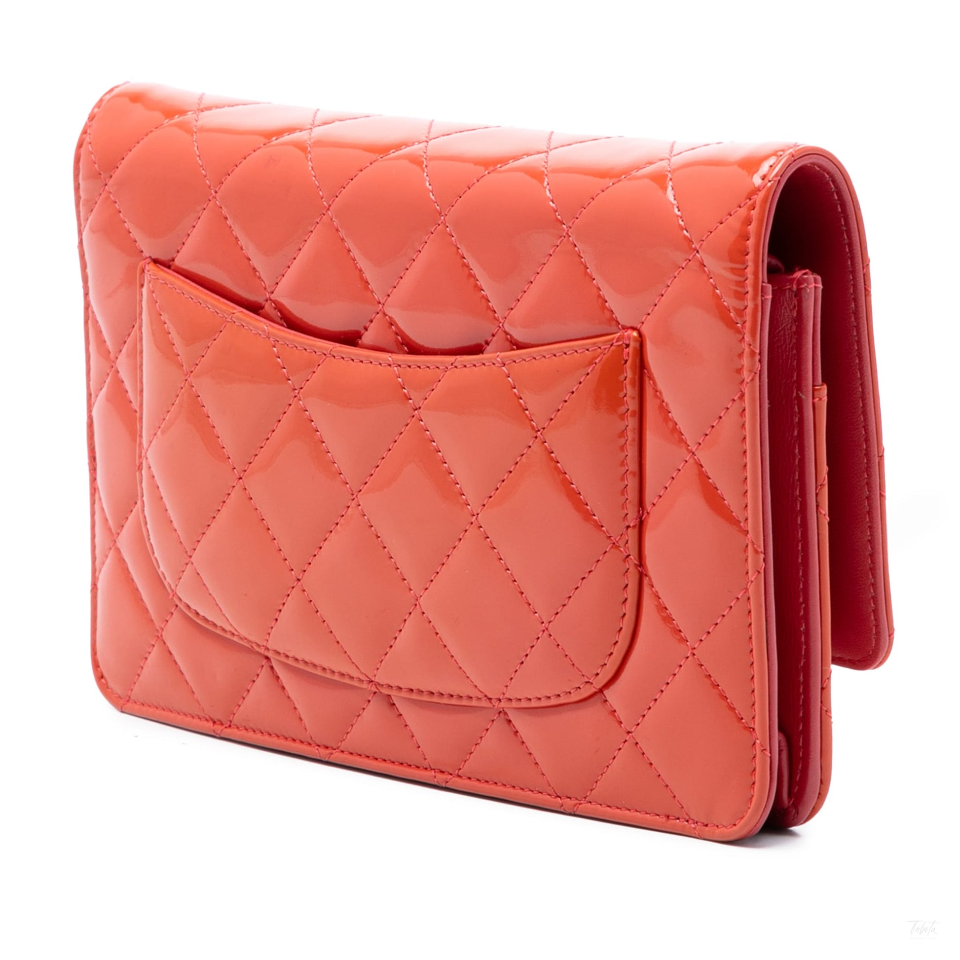 Second hand Chanel WOC Patent Leather Quilted Flap Crossbody Orange - Tabita Bags