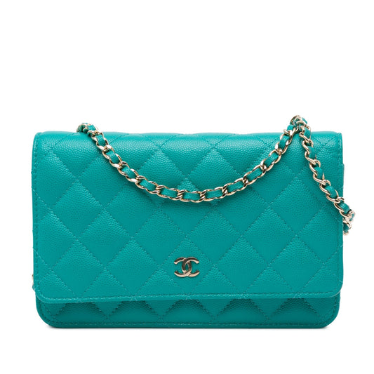 Second hand Chanel WOC Quilted Caviar Leather 2 - Ways Flap Bag Green - Tabita Bags