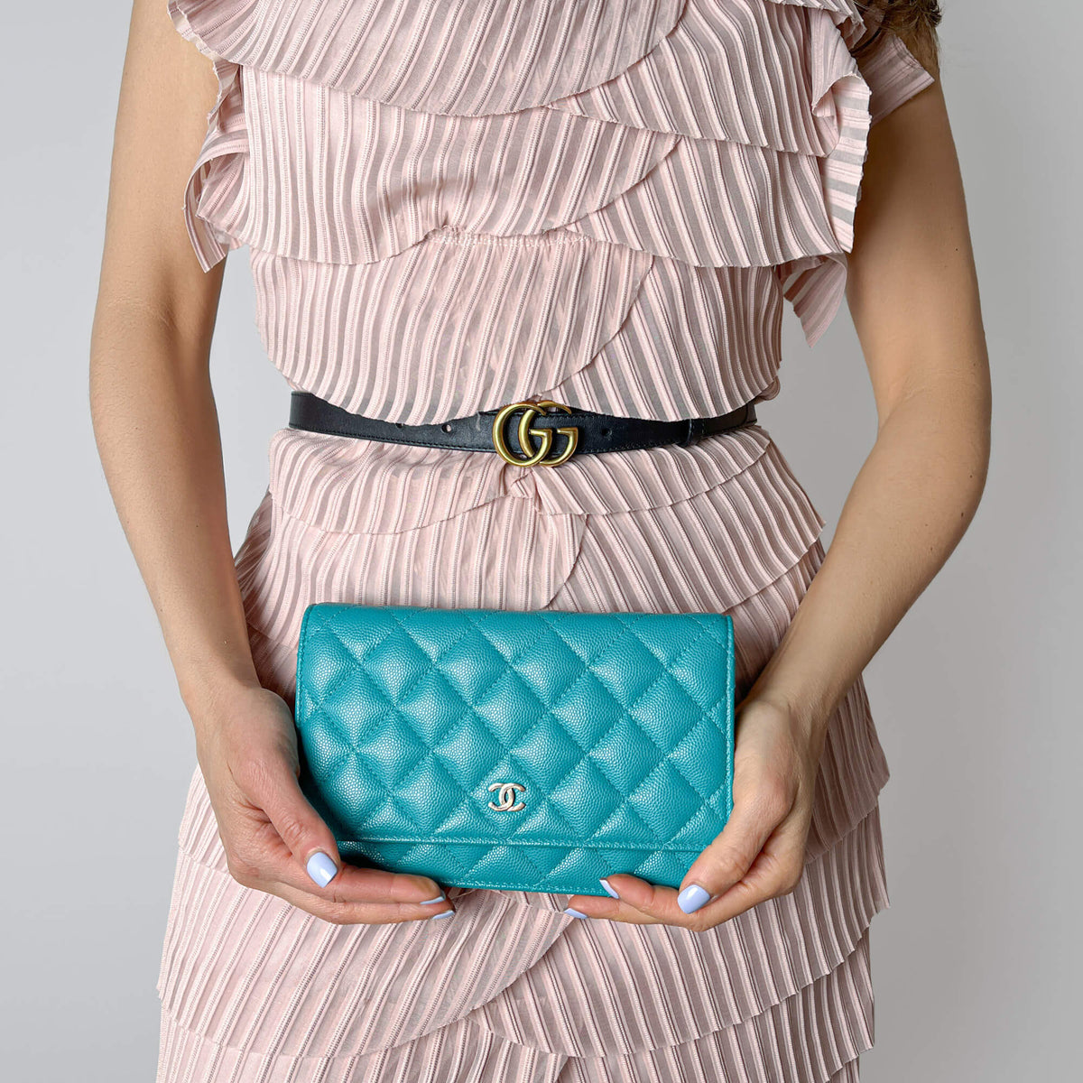 Second hand Chanel WOC Quilted Caviar Leather 2 - Ways Flap Bag Green - Tabita Bags