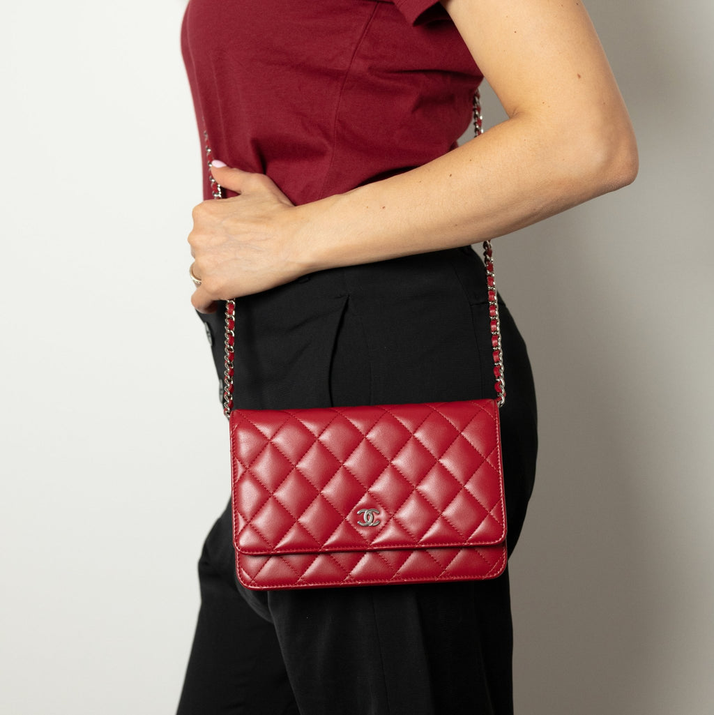 Second hand Chanel WOC Quilted Lambskin Leather 2 - Ways Flap Crossbody Raspberry Red - Tabita Bags