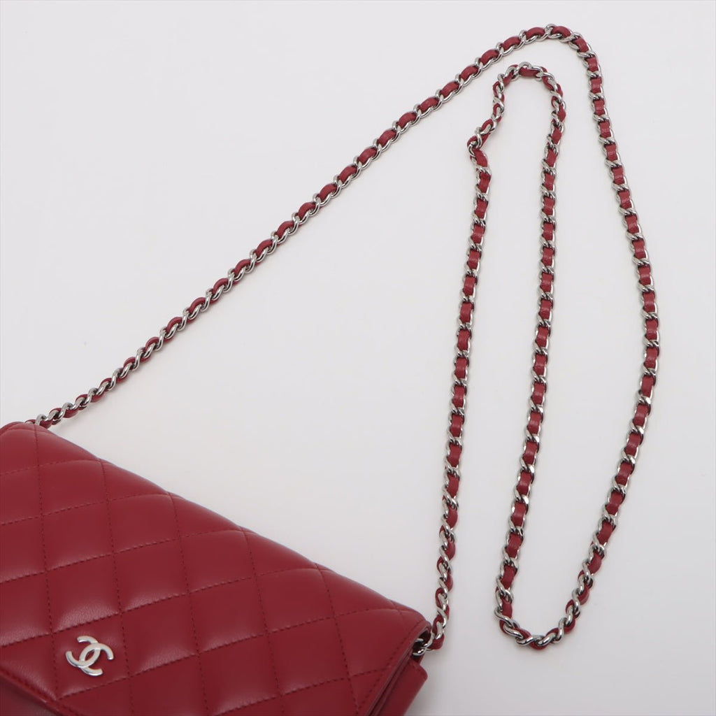 Second hand Chanel WOC Quilted Lambskin Leather 2 - Ways Flap Crossbody Raspberry Red - Tabita Bags