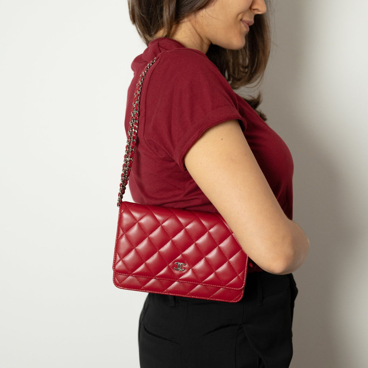 Second hand Chanel WOC Quilted Lambskin Leather 2 - Ways Flap Crossbody Raspberry Red - Tabita Bags